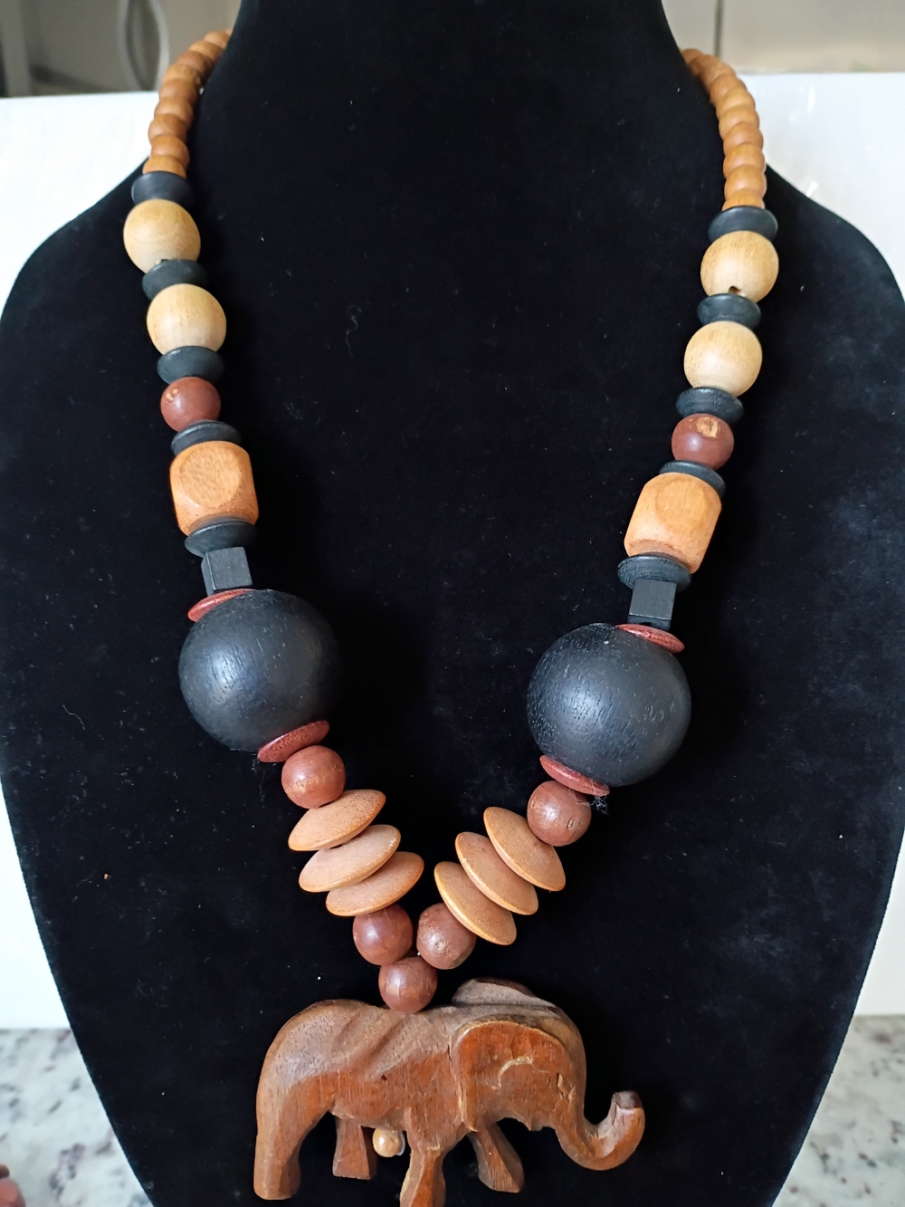 Vintage African Handcrafted Wooden Elephant Pendant And Beaded Necklace
